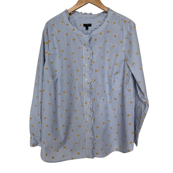 Talbots Women's Plus 2X Blue Striped Ruffle Collar Long Sleeve Blouse Hearts - Picture 1 of 9
